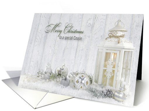 Cousin's Christmas candle lantern with holiday ornaments in snow card