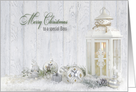 Boss’s Christmas white candle lantern with holiday ornaments in snow card