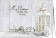 Friend and family Christmas, candle lantern with holiday ornaments card
