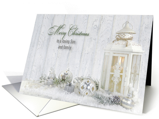 Son and family Christmas-lantern with holiday ornaments card (1337468)