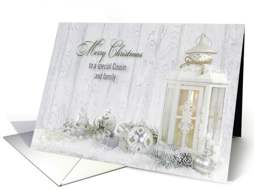 Cousin and family Christmas white candle lantern with ornaments card