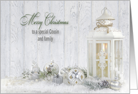 Cousin and family Christmas white candle lantern with ornaments card