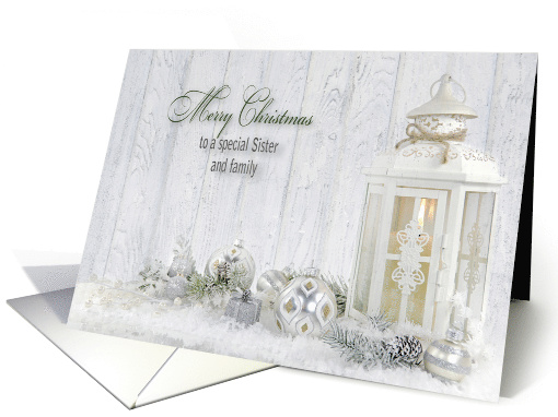 Sister and family Christmas candle lantern with holiday ornaments card