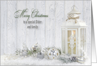 Sister and family Christmas candle lantern with holiday ornaments card