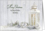 Brother and family Christmas, candle lantern with holiday ornaments card