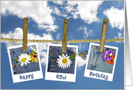 62nd Birthday-daisy in jean pocket and butterfly photos on clothesline card