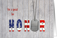 Son in military thank you-dog tags with American flag font on wood card