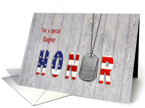 Daughter in military thank you-dog tags with flag font on wood card