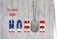 Daughter in military thank you-dog tags with flag font on wood card