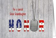 Great Granddaughter thank you-military dog tags with flag font on wood card