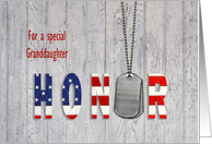 Granddaughter thank you-military dog tags with flag font on wood card