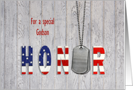 Godson thank you-military dog tags with flag font on wood card