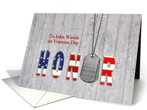 Customized name for Veterans Day military dog tags on rustic wood card
