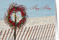 Happy Holidays-berry wreath and starfish on beach fence card