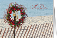 Merry Christmas red berry wreath and starfish on beach fence card
