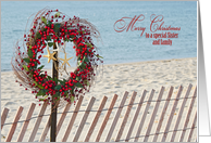 Sister and family Christmas berry wreath and starfish on beach fence card