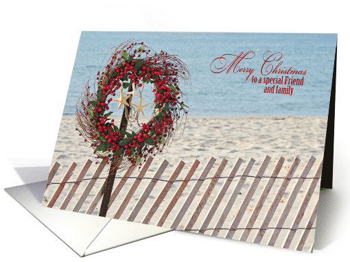 Friend and Family Christmas Berry Wreath On Beach Fence card (1338716)