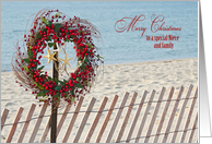 Niece and Family Christmas Berry Wreath and Starfish On Beach Fence card