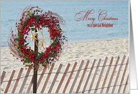 Neighbor’s Christmas-berry wreath and starfish on beach fence card
