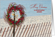 Grandson and family, berry wreath and starfish on beach fence card