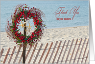 Christmas Business thank you-berry wreath and starfish on beach fence card