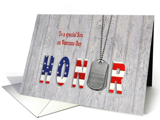 Son on Veterans Day military dog tags with flag font on wood card