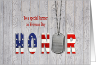 Partner on Veterans Day-military dog tags with flag font on wood card
