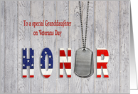 Granddaughter on Veterans Day-military dog tags with flag font on wood card