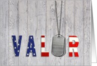 military thank you military dog tags with flag font on weathered wood card