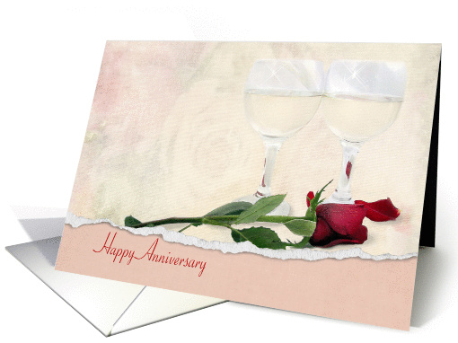Anniversary for Couple with red rose and glasses of wine card
