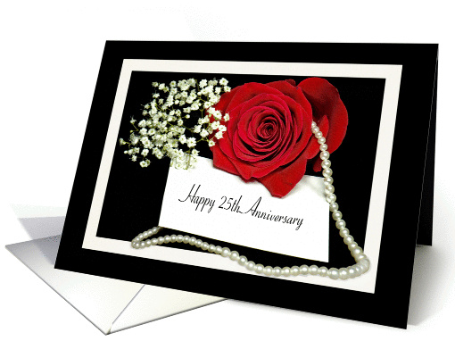 25th Anniversary - red rose with a string of pearls on black card