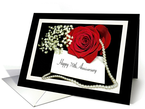 70th Anniversary - red rose with a string of pearls on black card