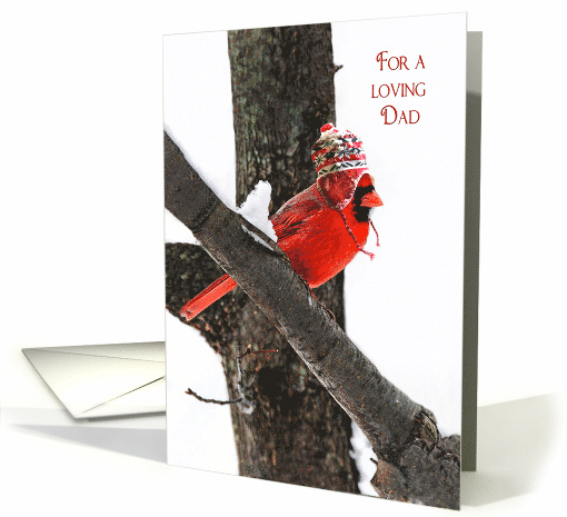 Dad's Christmas, male cardinal with winter hat on a branch card
