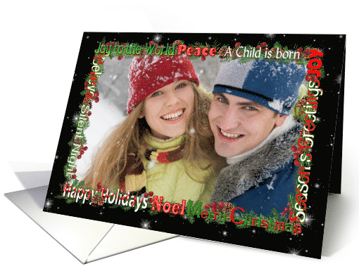 Christmas photo card frame with greetings, red berries... (1343304)