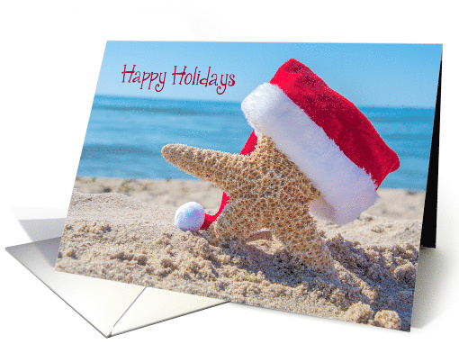 Happy Holidays starfish wearing red and white Santa hat in sand card