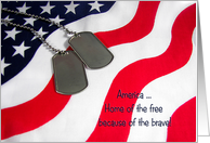 Veterans Day military dog tags on American flag with patriotic quote card
