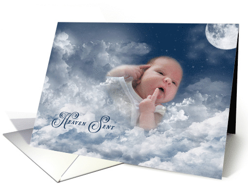 Baby Girl Announcement, baby girl in clouds with moon and stars card