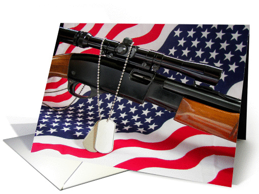 Veterans Day-military dog tags and rifle on American flag card