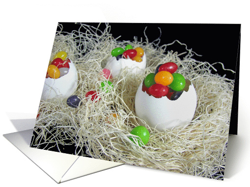 Easter jelly beans in white eggs and straw nest card (159689)