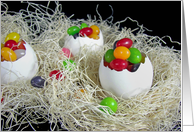 Easter jelly beans in white eggs and straw nest card
