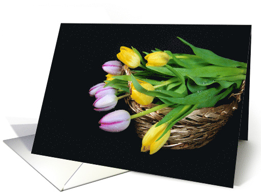 wet yellow and pink tulips in wicker basket card (161381)