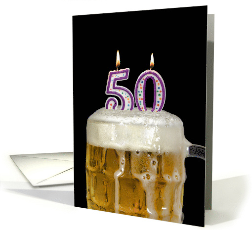 Polka Dot Candles for 50th Birthday in Beer Mug on Black card
