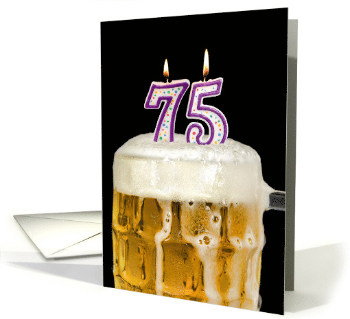 Polka Dot Candles for 75th Birthday in Beer Mug on Black card