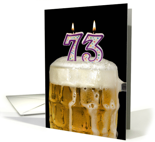 Polka Dot Candles for 73rd Birthday in Beer Mug on Black card