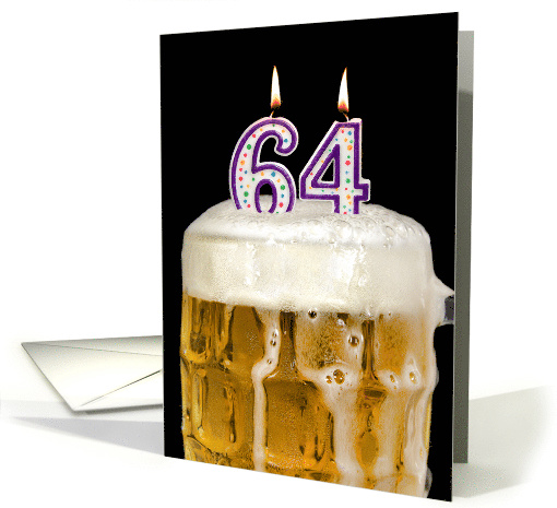 Polka Dot Candles for 64th Birthday in Beer Mug on Black card