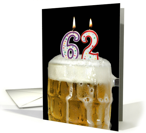 Polka Dot Candles for 62nd Birthday in Beer Mug on Black card