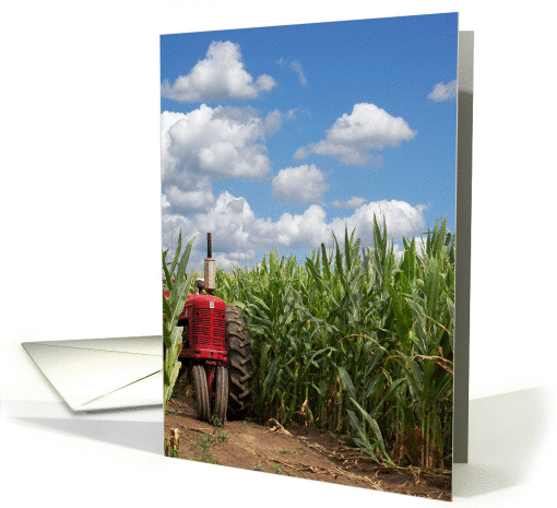 red farm tractor in cornfield with sky background card (167991)