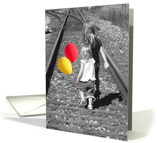 Friendship little girls on railroad tracks with balloons card (170716)