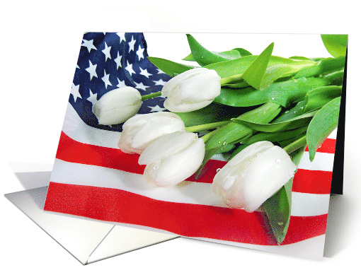 White Tulip Bouquet on American Flag for Memorial Day card (171097)