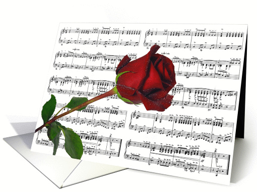Wedding anniversary red rose on sheet music background card (171101)